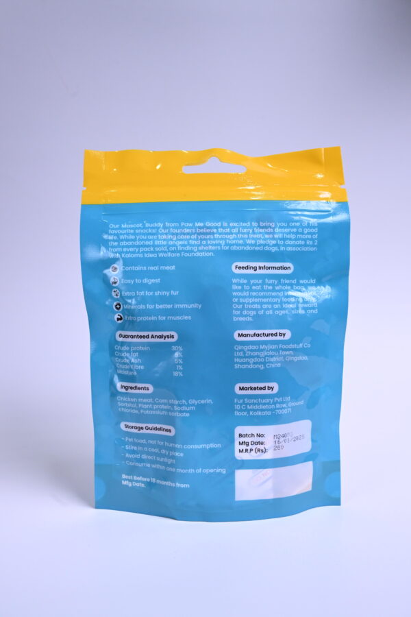 Back of Paw Me Good dog treats packaging showing ingredients and guaranteed analysis