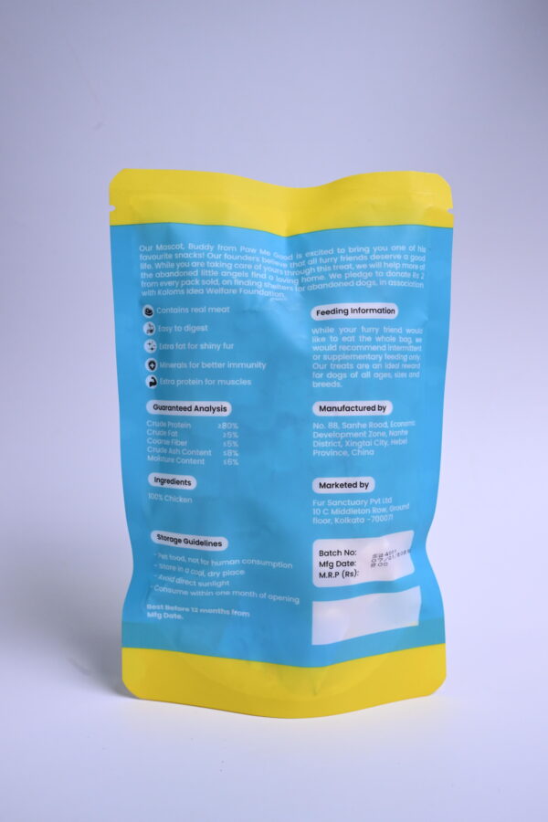 Back of Paw Me Good Pure Protein Chicken Breast packaging with ingredients and guaranteed analysis