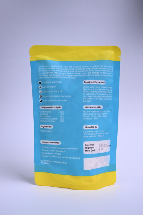 Back of Paw Me Good Pure Protein Chicken Powder packaging with ingredients and guaranteed analysis
