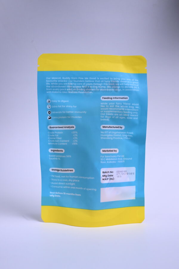 Back of Paw Me Good Exotic Sweet Potato packaging showing ingredients and guaranteed analysis