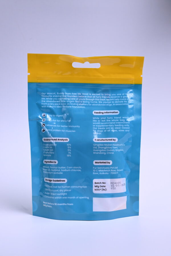 Back of Paw Me Good Peanut Butter Biscuits packaging showing ingredients and guaranteed analysis