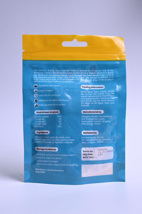 Back of Paw Me Good Japanese Sushi & Chicken packaging showing ingredients and guaranteed analysis