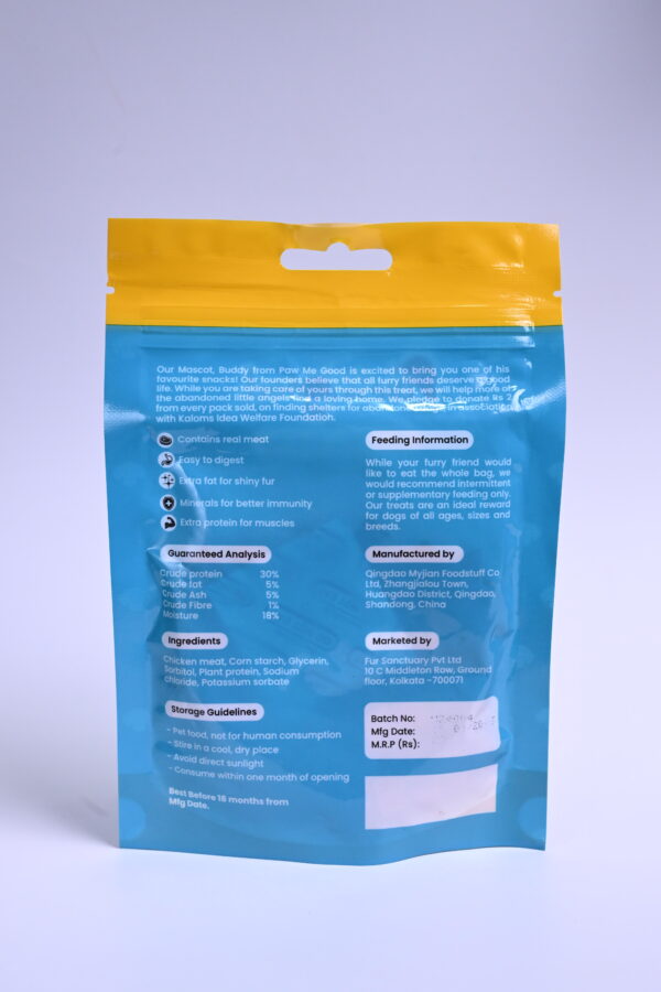 Back of Paw Me Good Bitesized Chicken packaging showing ingredients and guaranteed analysis