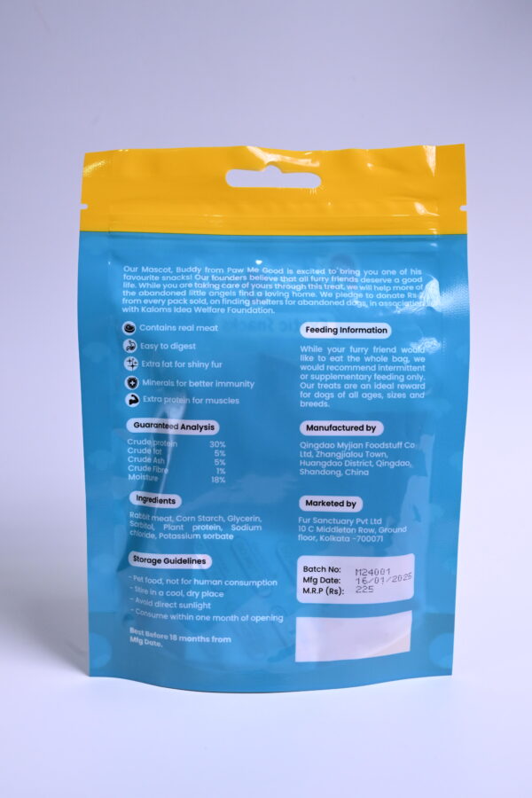 Back of Paw Me Good Wild Rabbit Bites packaging showing ingredients and guaranteed analysis