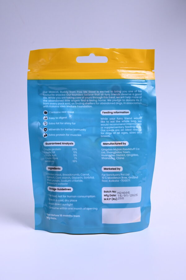 Back of Paw Me Good Chicken and Vegetable Balls packaging showing ingredients and guaranteed analysis
