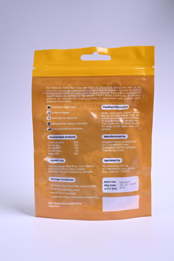 Back of Paw Me Good Chicken Breast Bites packaging with ingredients and guaranteed analysis